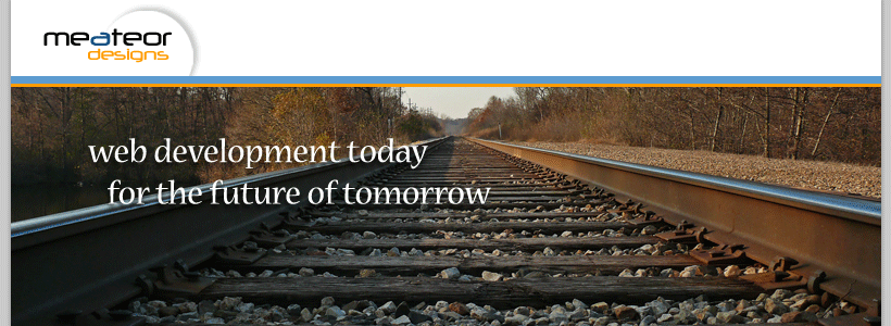 This is the Meateor Designs logo along with a picture and the words "web development today for the future of tomorrow".